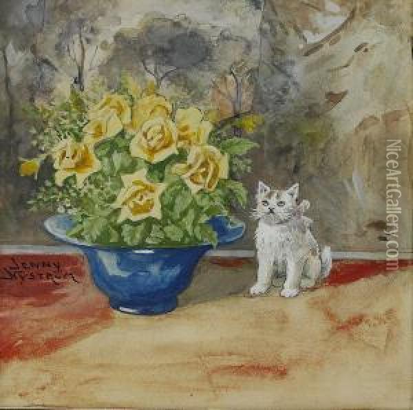 Kattunge Vid Rosenbukett Oil Painting - Jenny Nystrom