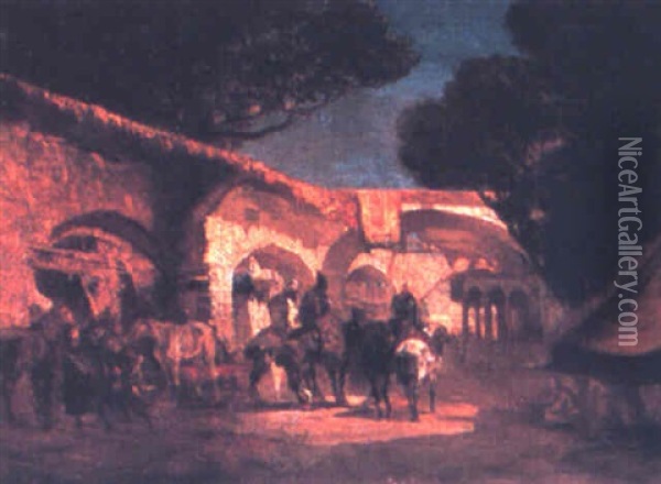 Arabmen And Horses In A Courtyard Oil Painting - Alberto Pasini