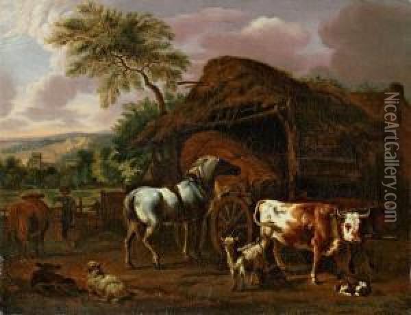 Gehoft Mit Rindern, Pferd Und Schafen Oil Painting - Dirk van Bergen