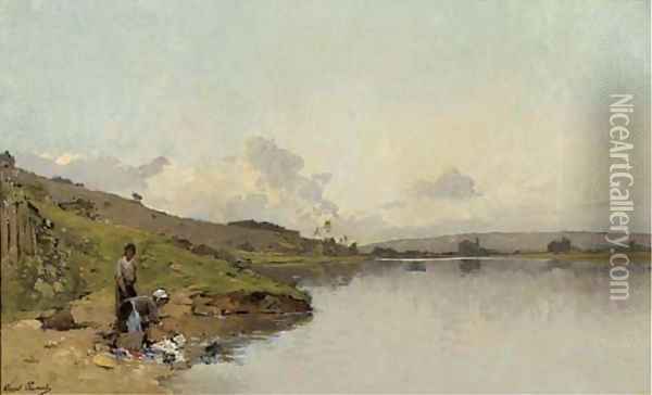 Paysage Vallonne avec des personages aupres d'un Lac Oil Painting - Paul Lecomte