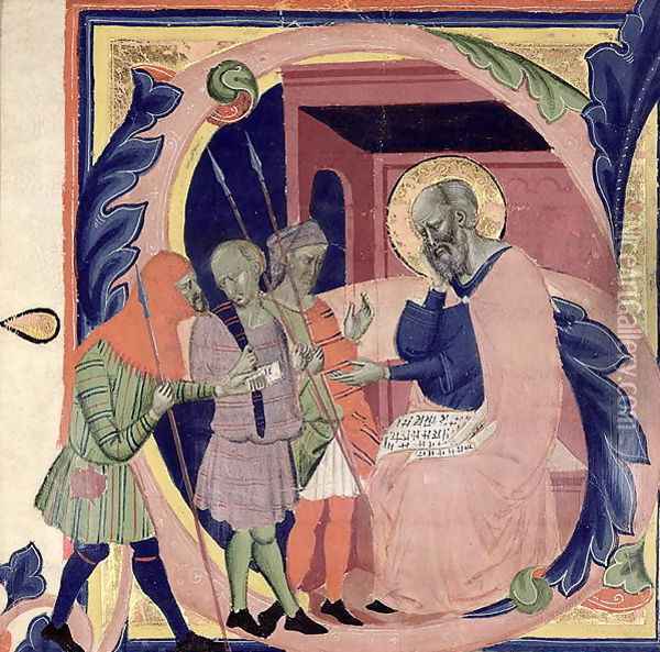 Historiated initial 'S' depicting Job receiving messengers with bad news Oil Painting - Jacopo Del Casentino