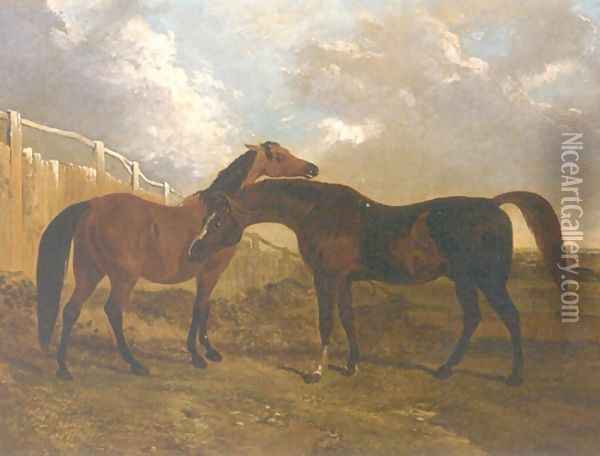 Languish and Pantaloon Two Horses in Landscape Oil Painting - John Frederick Herring Snr