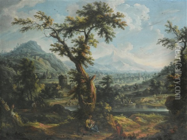 A View Of The Susa Valley, Piedmont, With A Shepherd And Mother And Child In The Foreground, Other Figures In A Boat And On The Bank Of A River Beyond Oil Painting - Scipione Cignaroli