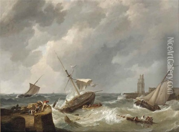 A Two Master At Risk Near The Harbour Entrance Oil Painting - Hermanus Koekkoek the Elder