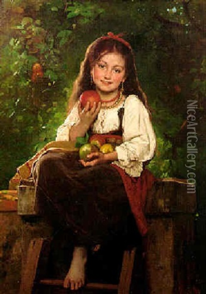 Young Girl Seated On A Stone Ledge With Apples Oil Painting - Leon Jean Basile Perrault