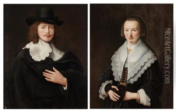 A Lady And Gentleman: A Pair, Circa 1640-1649 Oil Painting - Govaert Flinck
