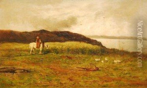 Figure Side Saddle On Horse On A Cliff Path With Seascape Beyond Oil Painting - William Aikman