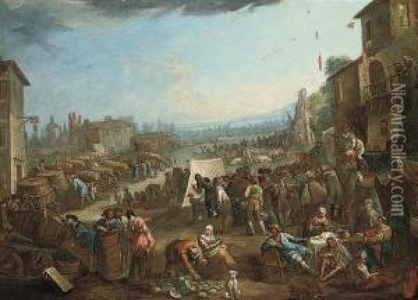 A Market In A Town, A Landscape Beyond Oil Painting - Pietro Domenico Oliviero