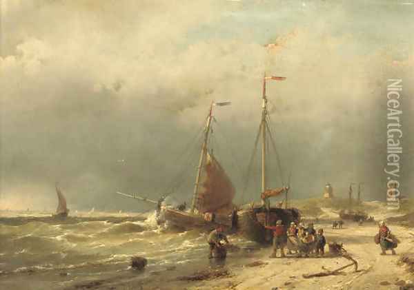 Unloading the catch on the beach of Scheveningen Oil Painting - Andreas Schelfhout