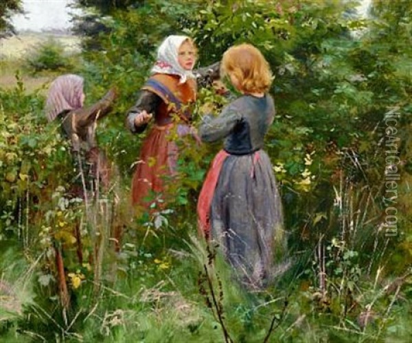 Three Little Girls Picking Blackberries Oil Painting - Hans Andersen Brendekilde
