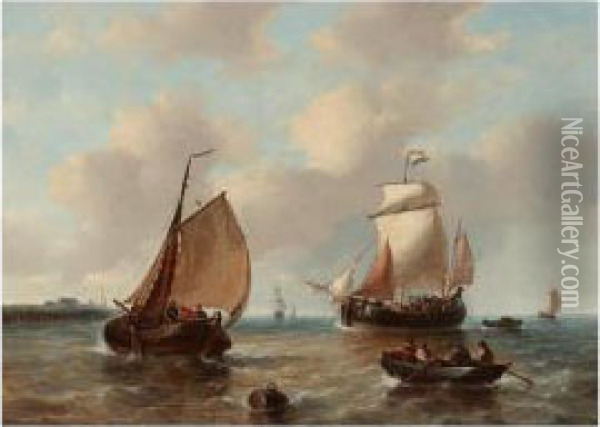 Fishing Boats Off The Coast Oil Painting - George Willem Opdenhoff