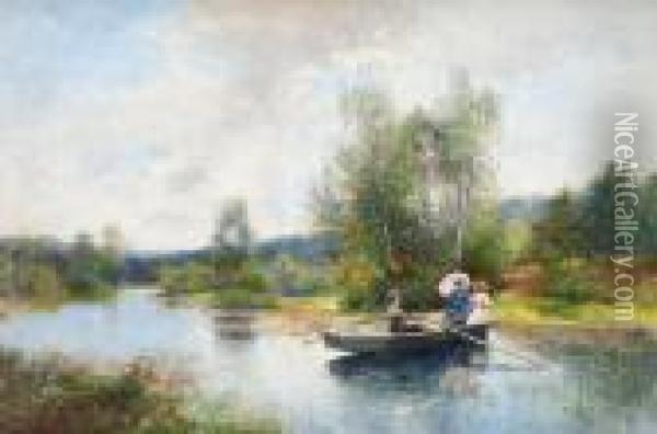 Rowing In A Summer Landscape Oil Painting - Severin Nilson