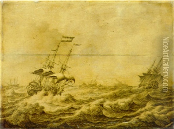 Dutch Galley Frigates And Others Shipping In Choppy Seas Oil Painting - Adriaen Van Salm