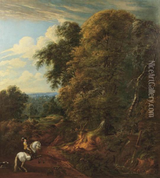 A Wooded Landscape With A Horseman Near A Stream Oil Painting - Cornelis Huysmans