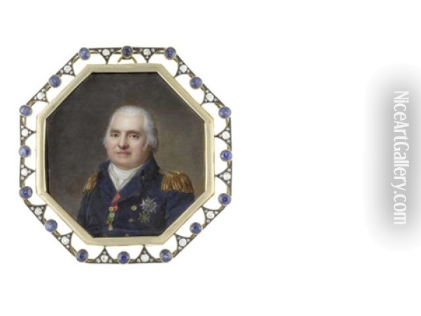 Louis Xviii (1755-1824), King Of France And Navarre (1814-1824), Wearing Blue Double-breasted Coat With Gold Epaulettes, Breast Star Of The Order Of Saint-esprit... Oil Painting - Jean Baptiste Jacques Augustin