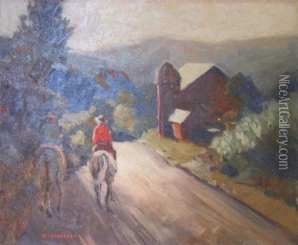 Landscape With Figures On Horseback Riding On Road With Barn Alongside Oil Painting - Walter Mattern