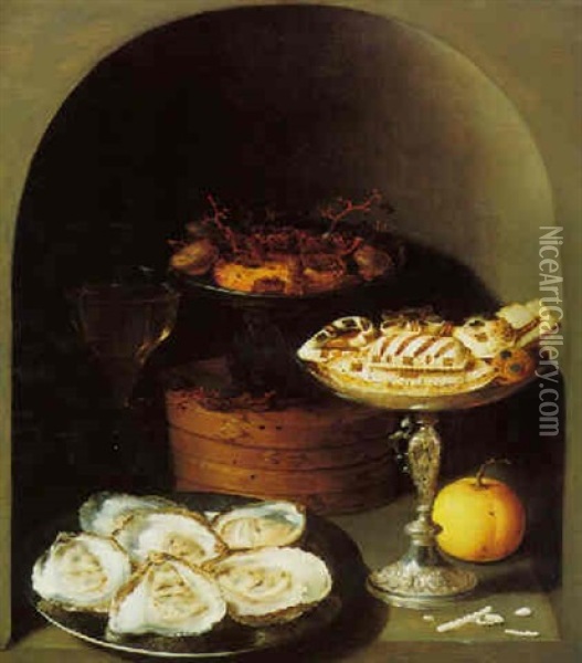 Still Life Of Oysters, Sweetmeats And Dried Fruit Displayed In A Niche Oil Painting - Osias Beert the Elder