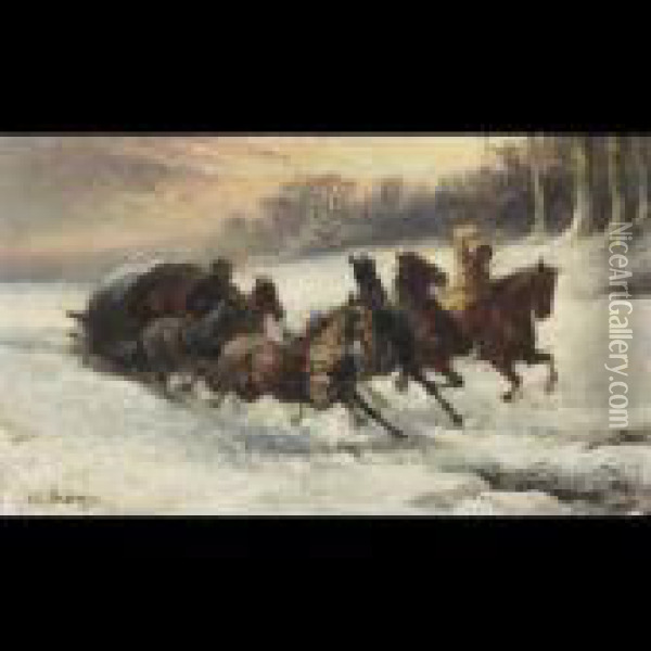 Charging Troika In The Snow Oil Painting - Adolf Schreyer