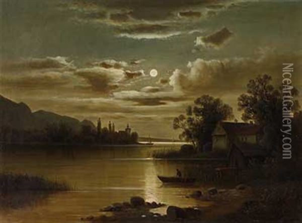 Flusslauf Bei Vollmondnacht Oil Painting - Anton Pick
