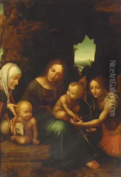 The Madonna and Child with the Infant Saint John the Baptist, Saint Elizabeth and the Archangel Michael Oil Painting - Bernardino Luini
