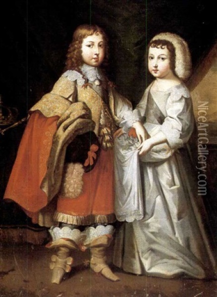 A Portrait Of King Louis Xiv And His Brother The Duc        D'orleans Oil Painting - Charles Beaubrun