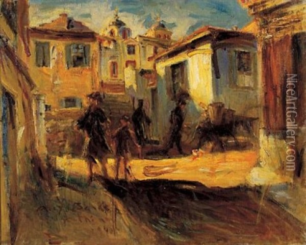 Street In Plaka, Athens Oil Painting - Alexander Barkoff