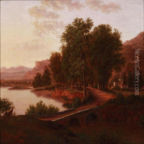 Houses And Catsle At A River Oil Painting - I. P. Moller