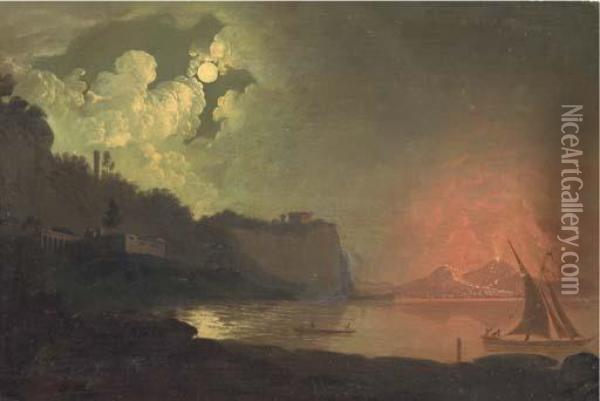 An Italianate Moonlit Coastal Scene Oil Painting - Josepf Wright Of Derby