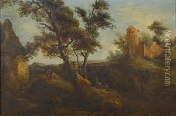 An Italianate Landscape With Travellers On A Country Path Before Ruins Oil Painting - Vittorio Amedeo Cignaroli