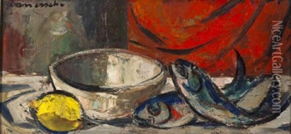 Still Life With Fish, Lemon And A Bowl Oil Painting - Maurice Charles-Marie Liepvre