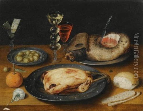 A Still Life Of A Roast Chicken, A Ham And Olives On Pewter Plates With A Bread Roll, An Orange, Wineglasses And A Rose On A Wooden Table (collab. W/studio) Oil Painting - Osias Beert the Elder