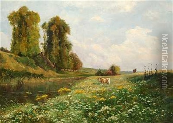 Sommerlandskab Med Koer Oil Painting - Ernest Alfred Hardouin