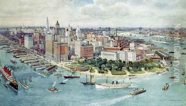 A Birds Eye View of Lower Manhattan, 1911 Oil Painting - Richard Rummell
