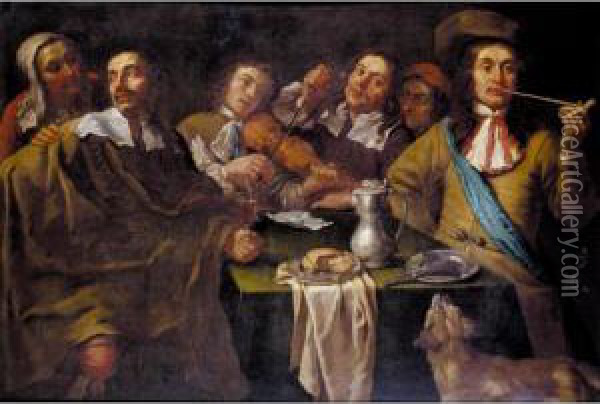 A Tavern Interior With Soldiers Merrymaking Around A Table Oil Painting - Gregorius Oosterlinck
