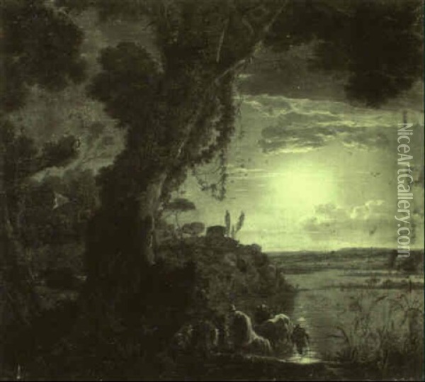 Travellers With Cattle Approaching A River Bed In A Moonlit Landscape Oil Painting - Jean Francois Hue