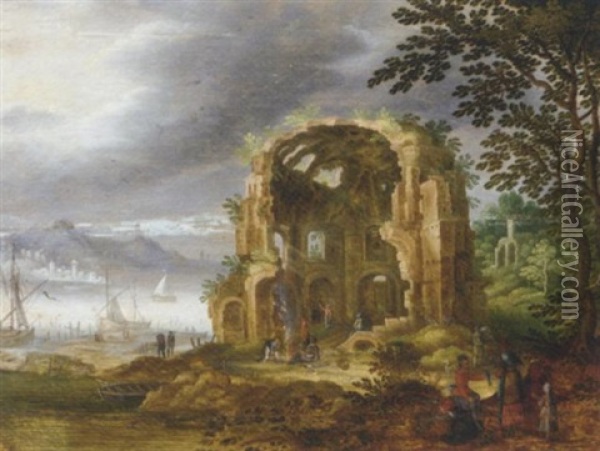 A River Landscape With The Temple Of Minerva Medica Oil Painting - Adriaen van Nieulandt the Elder