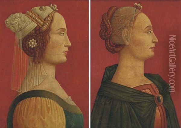 Portrait Of A Lady, Bust-length In Profile, Wearing A Headdress With A Veil (+ Portrait Of A Lady, Bust-length In Profile, Wearing A Headdress And A Green Cloak; Pair) Oil Painting - Piero della Francesca