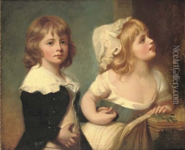 Double Portrait Of Henry Richard Greville, Lord Brooke, And His Sister Lady Elizabeth Greville, As Children Holding Hands Oil Painting - George Romney