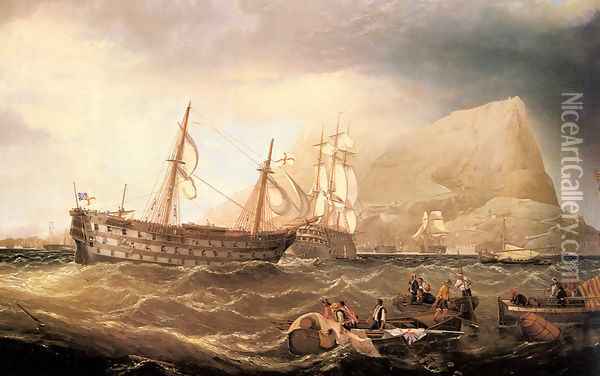HMS Victory being towed into Gibraltar by HMS Neptune after the battle of Trafalgar Oil Painting - Charles Keith Miller