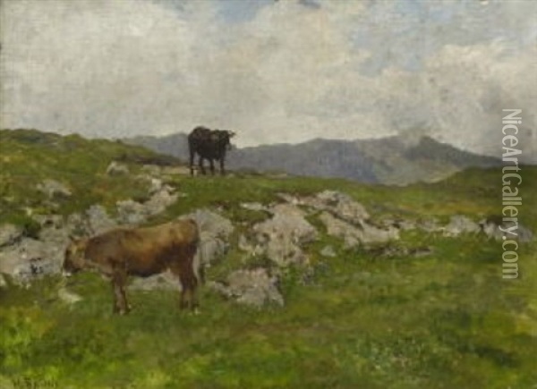 Kuhe Auf Der Hochalm Oil Painting - Hermann Baisch