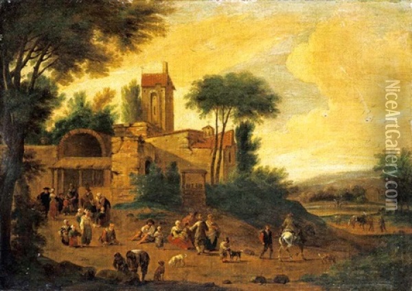 An Italianate Landscape With Figures Before A Church Oil Painting - Pieter Bout