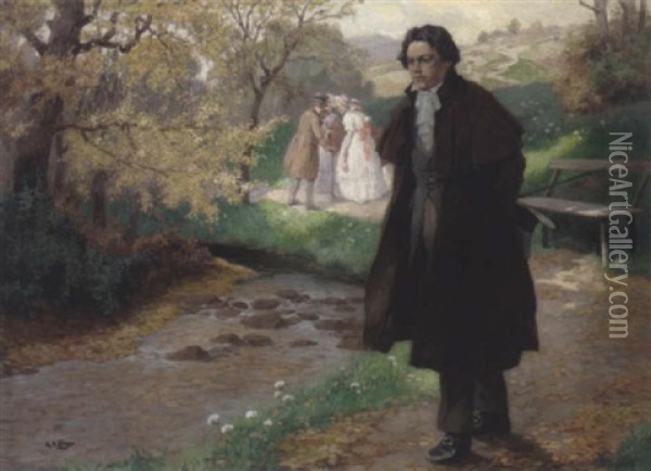 Spaziergang Beethovens (?) In Parklandschaft Oil Painting - Rudolf Alfred Hoeger