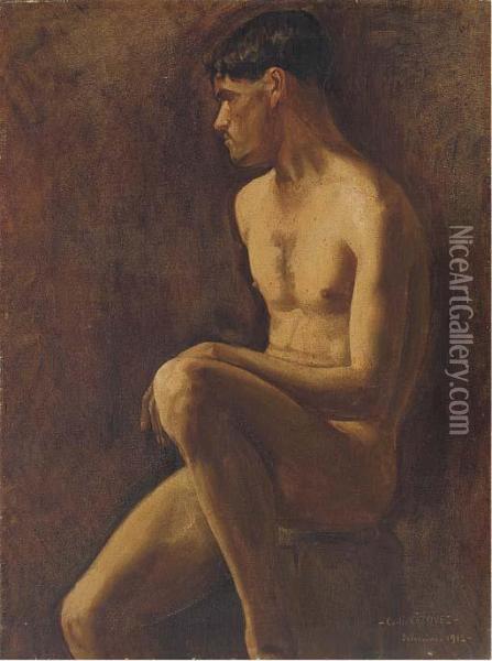 Seated Male Nude Oil Painting - Carlos Vazquez Ubeda