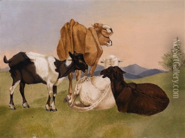 Landschaftsidylle Mit Kuh Und Ziegen Oil Painting - Friedrich Gauermann