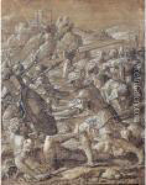Roman Battle Scene Oil Painting - Pieter Coecke Van Aelst