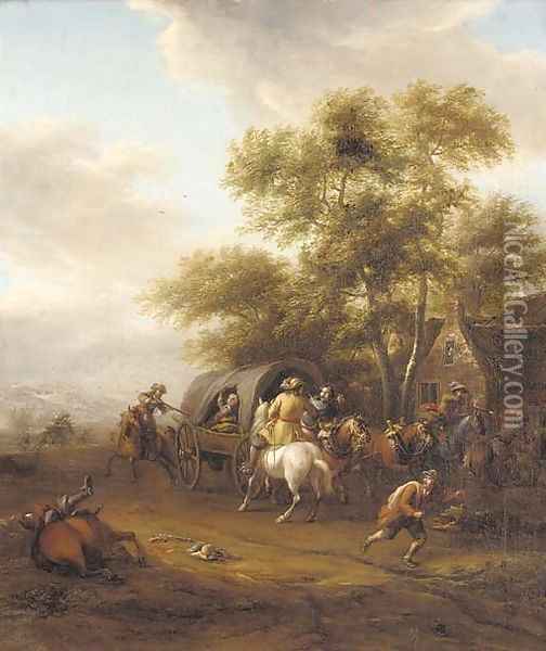 A highway robbery by a cottage Oil Painting - Cornelis van Essen