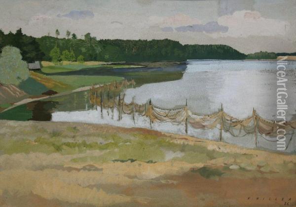 Sieci Rybackie Na Brzegu Jeziora Oil Painting - Karol Hiller