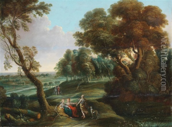 Elegant Figures Resting In A Landscape Oil Painting - Lucas Van Uden