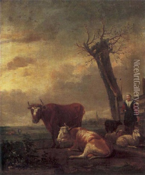 A Milkmaid Tending Her Livestock In A Meadow, A Village Beyond Oil Painting - Albert Jansz Klomp