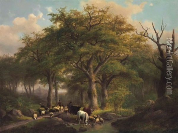 Forest Landscape With Herdsmen, Sheep And Cattle Oil Painting - Johann Bernard Klombeck